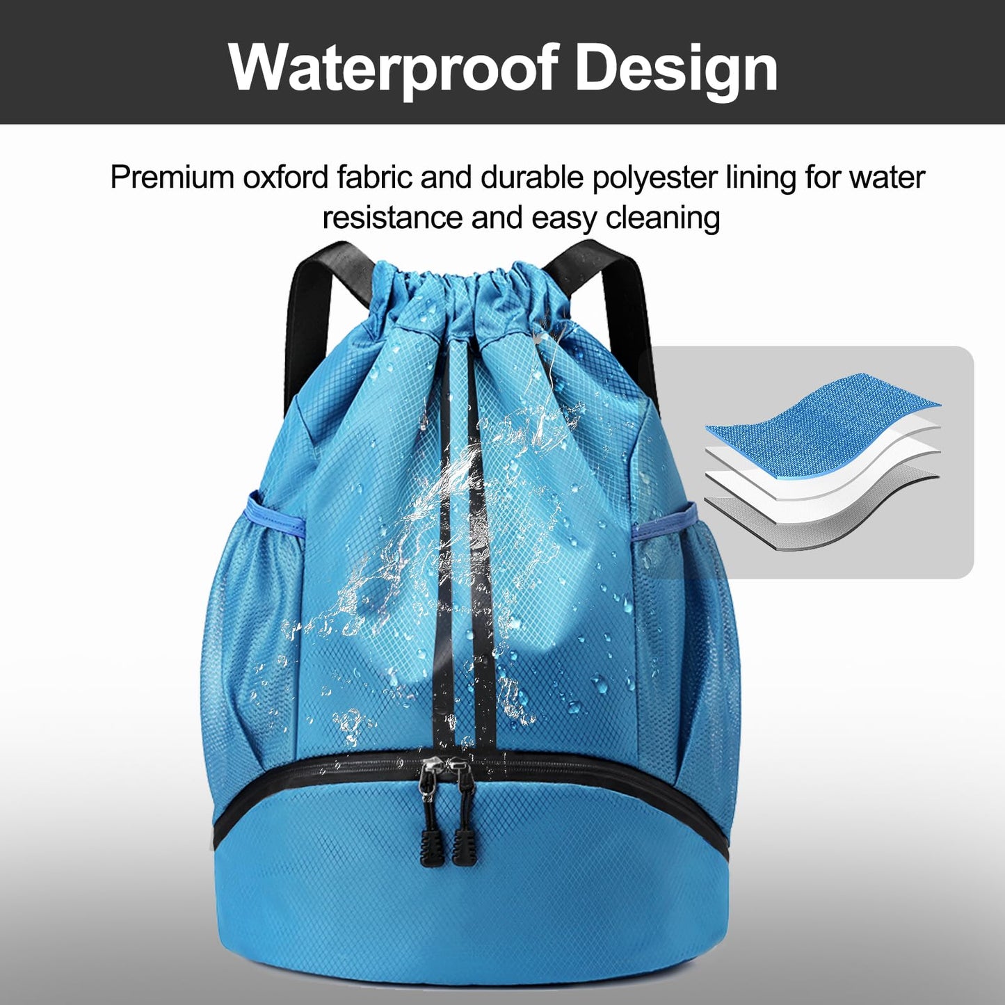 Sports Drawstring Backpack - Swim Gym Bag for Women and Men, Sky Blue