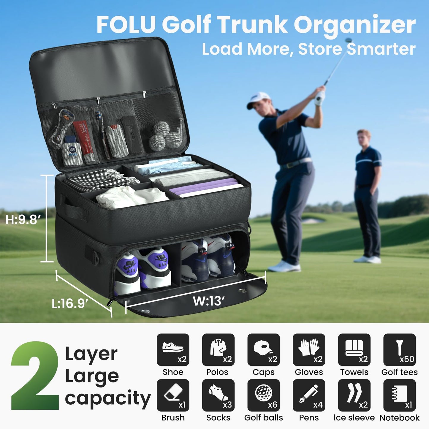 FOLU 2 Layer Golf Trunk Organizer, Waterproof Car-Golf Locker with Separate Ventilated Compartment for 2 Pair Shoes, Golf-Trunk Storage for Balls, Tees, Clothes, Gloves, Accessories