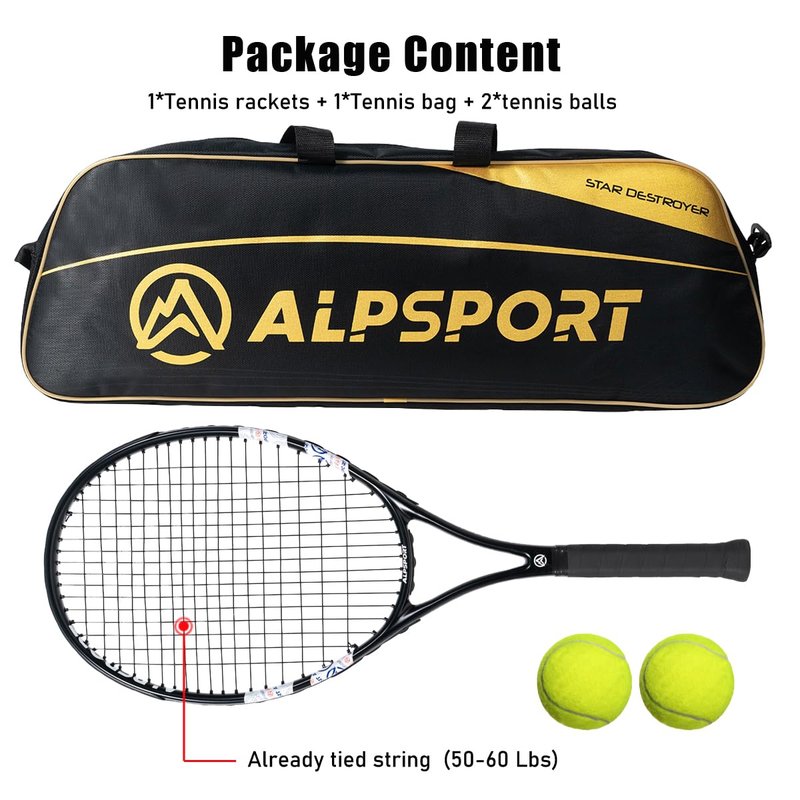 ALPSPORT ALP 27'' Powerful Head Heavy 4 3/8 in Grip Tennis Racket for Adults, Durable Pre-Strung Racquet with 1 Carrying Bag and 2 Tennis Balls, Outdoor Recreational Sport Raket for Beginner (Black)