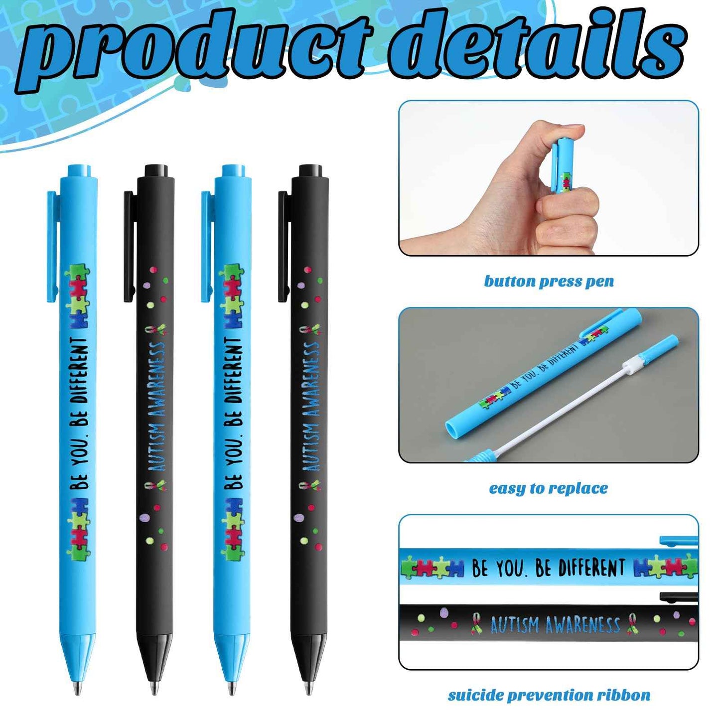 Jetec 300 Pcs Autism Awareness Pens Bulk Inspirational Retractable Mental Health Ballpoint Pens Autism Acceptance Gifts Puzzle Asperger's Awareness Gift for Classroom Office Stationery Supplies