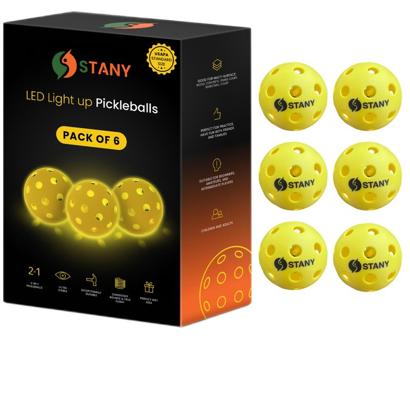 STANY LED Pickleball Balls –Ultra Visible for Nighttime Play, Glow in The Dark, 40 Hole, Indoor/Outdoor, Consistent Bounce, USAPA Official Size, Gift Ready Box, 6 Pack + 3 Replacement Batteries