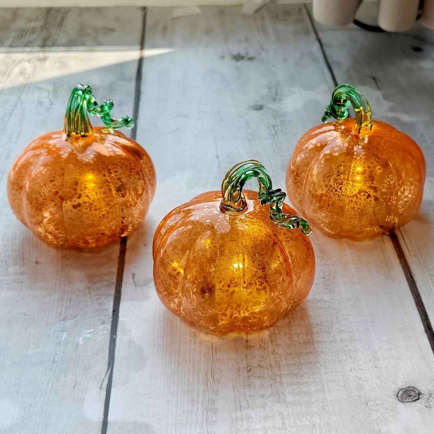Set of 3 Golden Glass Pumpkin Lights - 2.5" Battery Operated LED Fall Decor for Halloween & Thanksgiving, Mercury Glass Table Centerpiece, Warm Amber Glow for Indoor Autumn Decorations