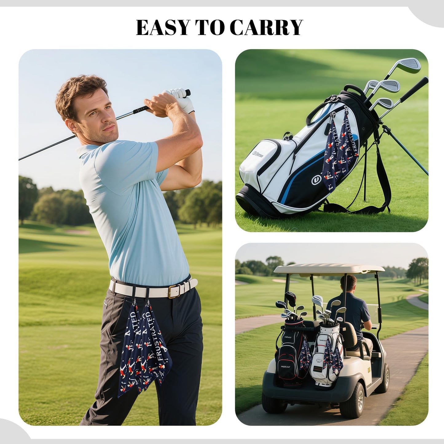 Puoqu Microfiber Golf Towels (16" X 24") with Carabiner Clip, Waffle Pattern Golf Towel Hook and Loop Fastener, Golf Club Towel, Premium Golf Accessories, Gift for Men, Golfers, Dad (Three Navy Blue)