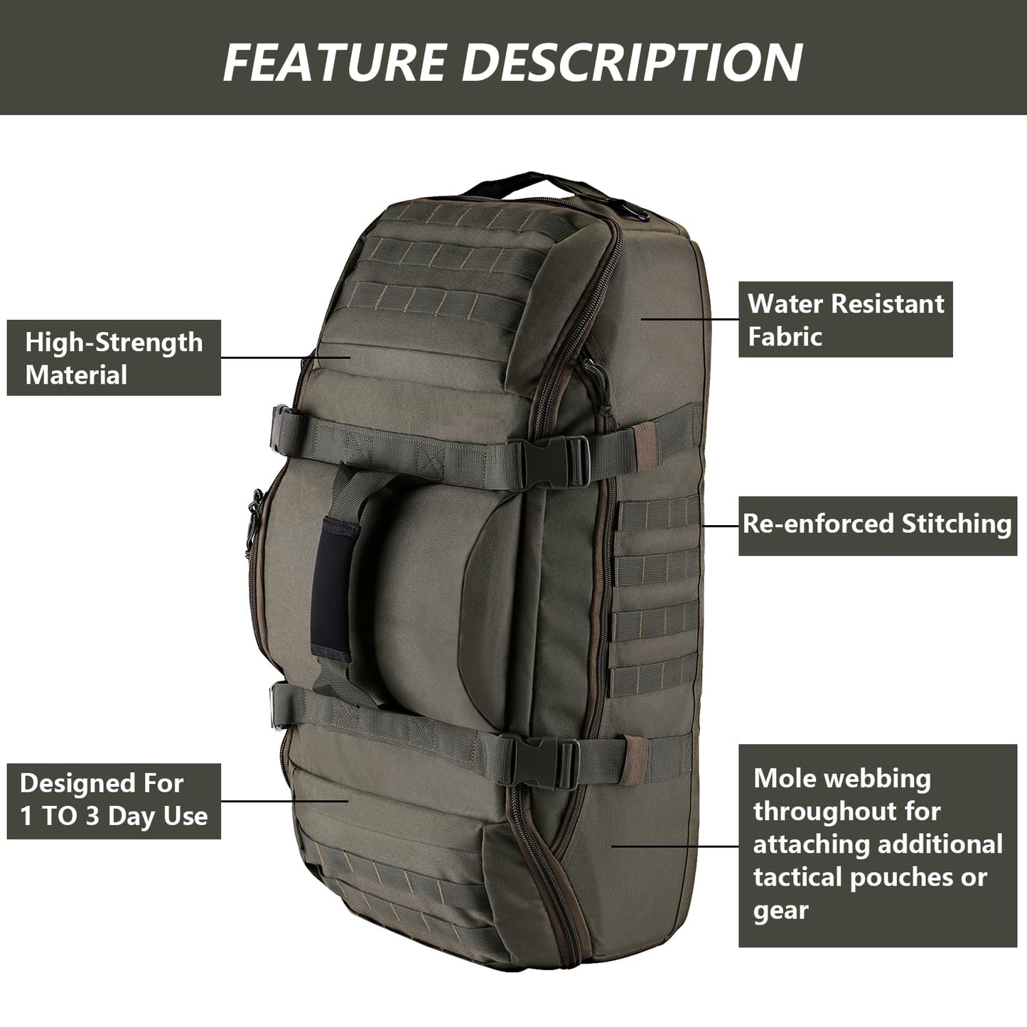 Hannibal Tactical 65L Large Duffle Bag, 3-in-1 Tactical Backpack MOLLE Pack for Sports, Gym, Outdoor, Olive Green