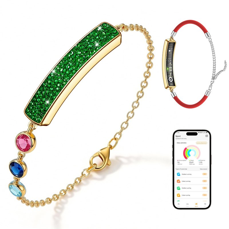 RIFESI Light Luxury Smart Bracelet for Women, Crystal Birthstone Fitness Tracker with 2 Bands, All-Day Heart Rate/Sleep/Stress/HRV/Step Monitor, Elegant Wristband for Birthday