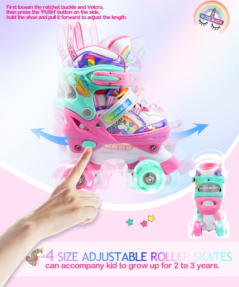 Rainbow Unicorn Kids Roller Skates for Girls Boys Toddler Ages 5-8,4-Pejiijar Adjustable Roller Shoes with Luminous Wheels for Birthday Xmas Gifts.