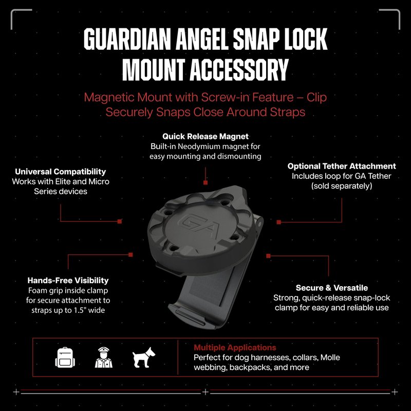 Guardian Angel Flashlight Snap Lock Mount Accessory – Magnetic Mount with Screw-in Feature – Clip Securely Snaps Close Around Straps – for Thinner Dog Straps, Backpacks, Molle, Thin Straps & More