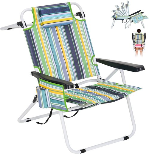 ABORON 17" Tall Folding Beach Chair - 5-Position Recline, Heavy Duty 600D Fabric & Cooler Bag