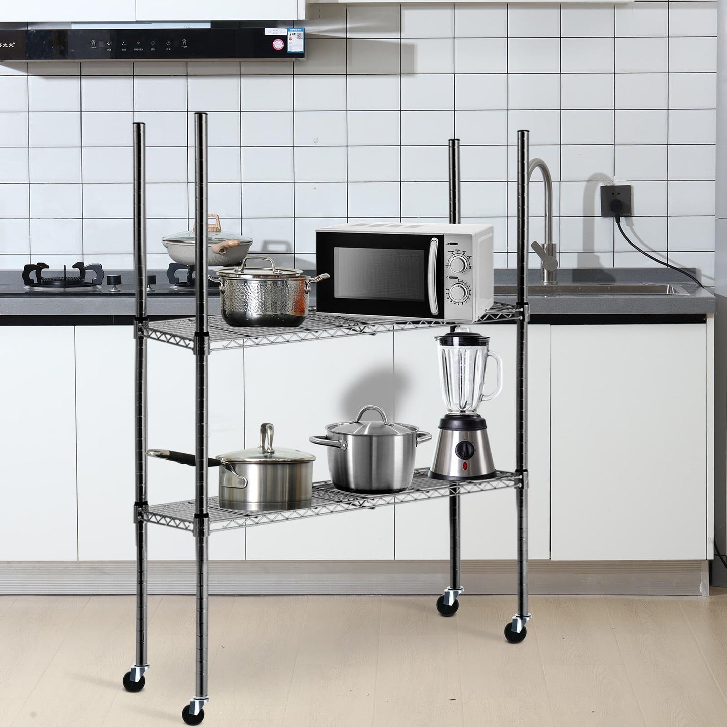 Yaocom Set of 4 Wire Shelving Poles with 50 Pcs Plastic Shelf Clips Chrome Posts with Caster Wheels Parts for 1 Post Rack Accessories Replacement(Black,74 Inch)