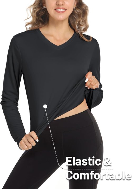 MAGCOMSEN SPF Long Sleeve Workout Shirt - V-Neck UPF 50+ Quick Dry Performance Tee for Women