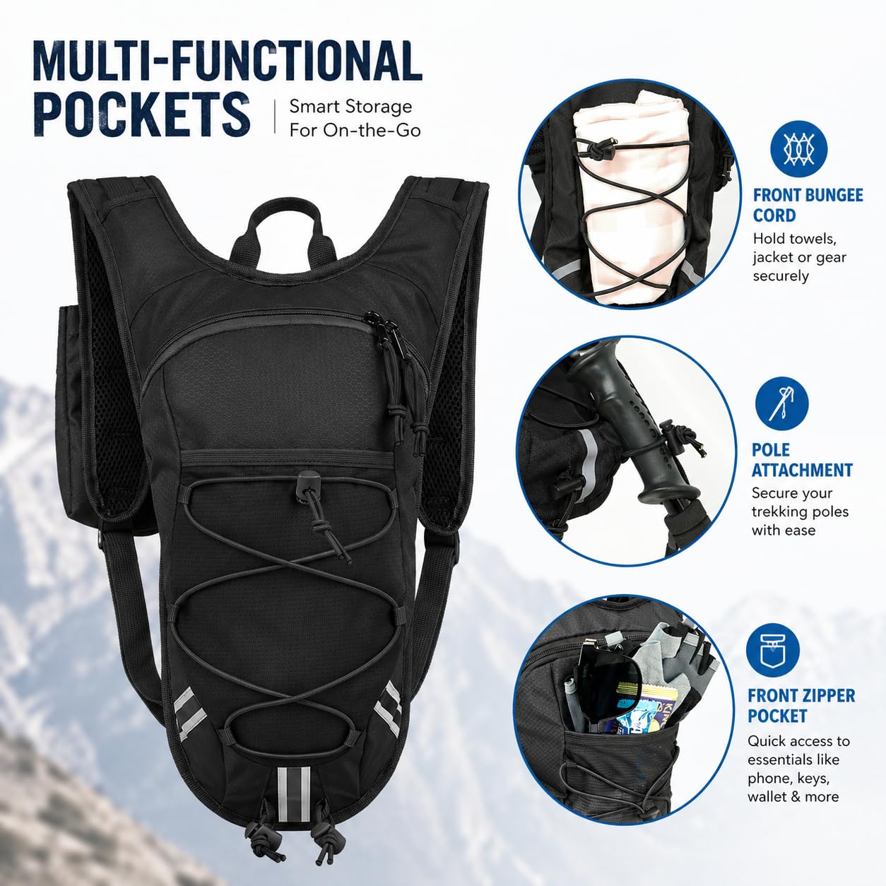 DEVONWIDE Lightweight Hydration Backpack 2L Water Bladder Pack - Black | Water Backpack for Running, Cycling, Hiking | Anti-Theft, Reflective, with Phone Holder & Trekking Pole Loops