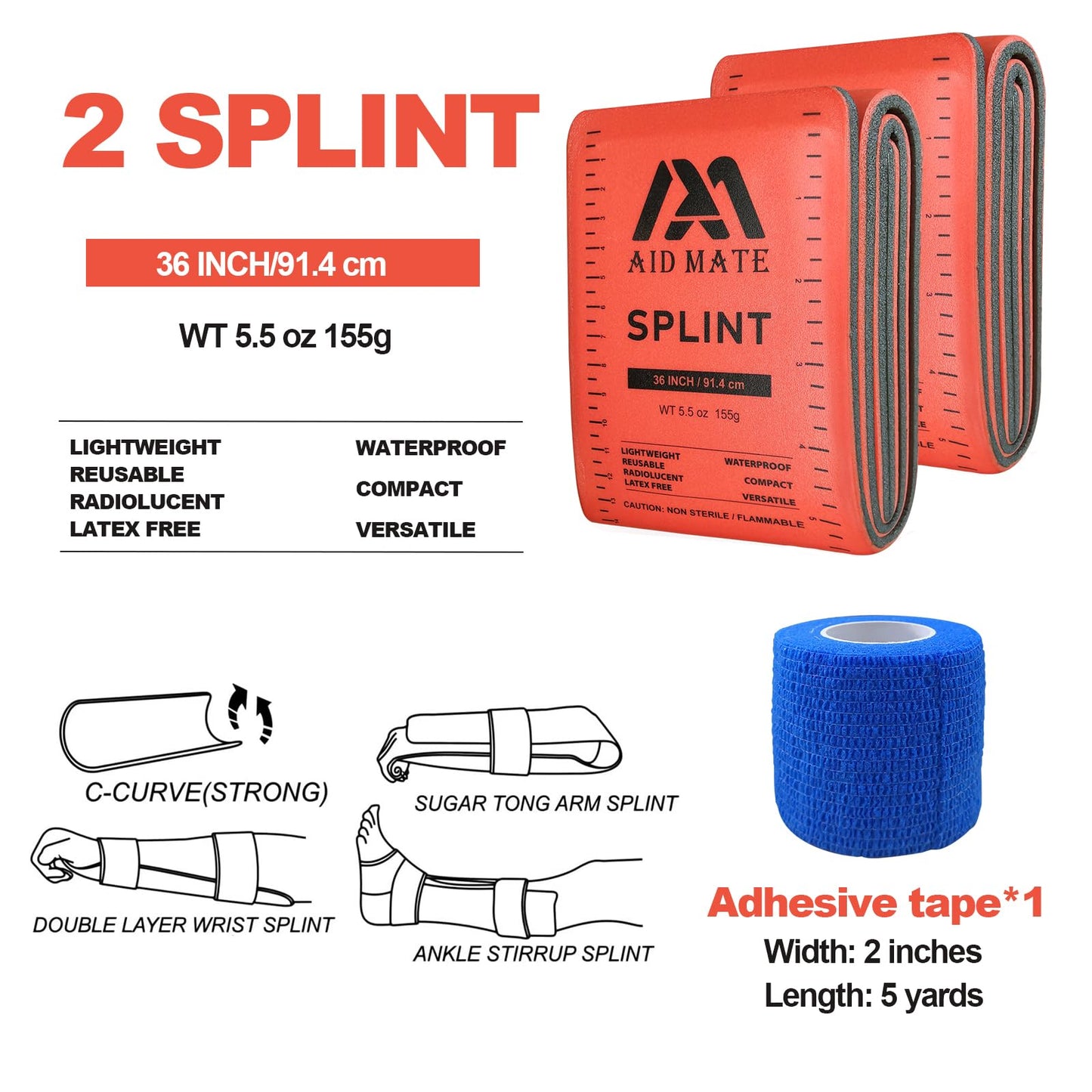 AID MATE First Aid Splint Kit 36" x 4.3" - 2 Pack Emergency Bone Splint with Adhesive Tape, Fracture Support for Home Car Camping Hiking