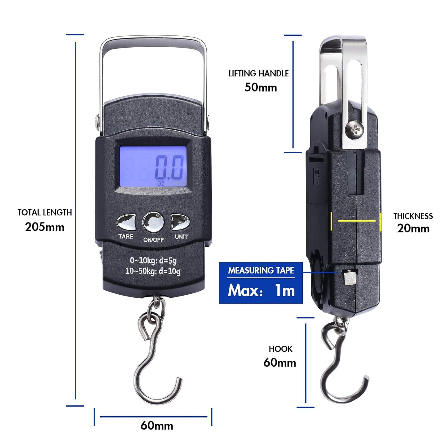 Portable Luggage Weight Scale by Fish Scales - Backlit LCD Display, 110lb Capacity | Includes Measuring Tape & Batteries