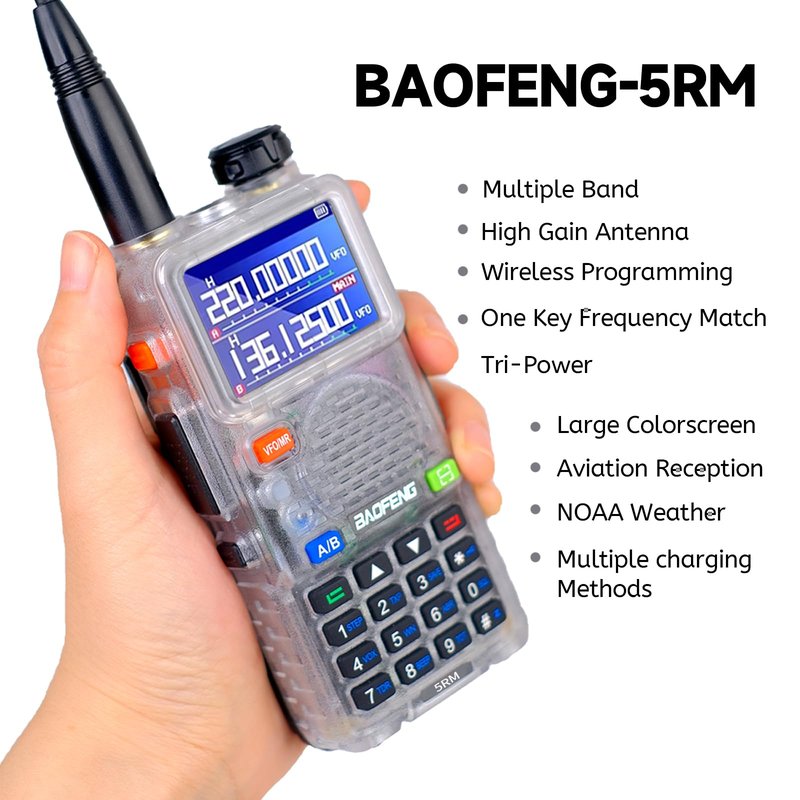 BAOFENG 5RM 10W NOAA Emergency 2500mAh Battery 999CH Ham Radio High Power Long Range Walkie Talkies Handheld Survival Gear Hunting Camping (1pack) (Clear)