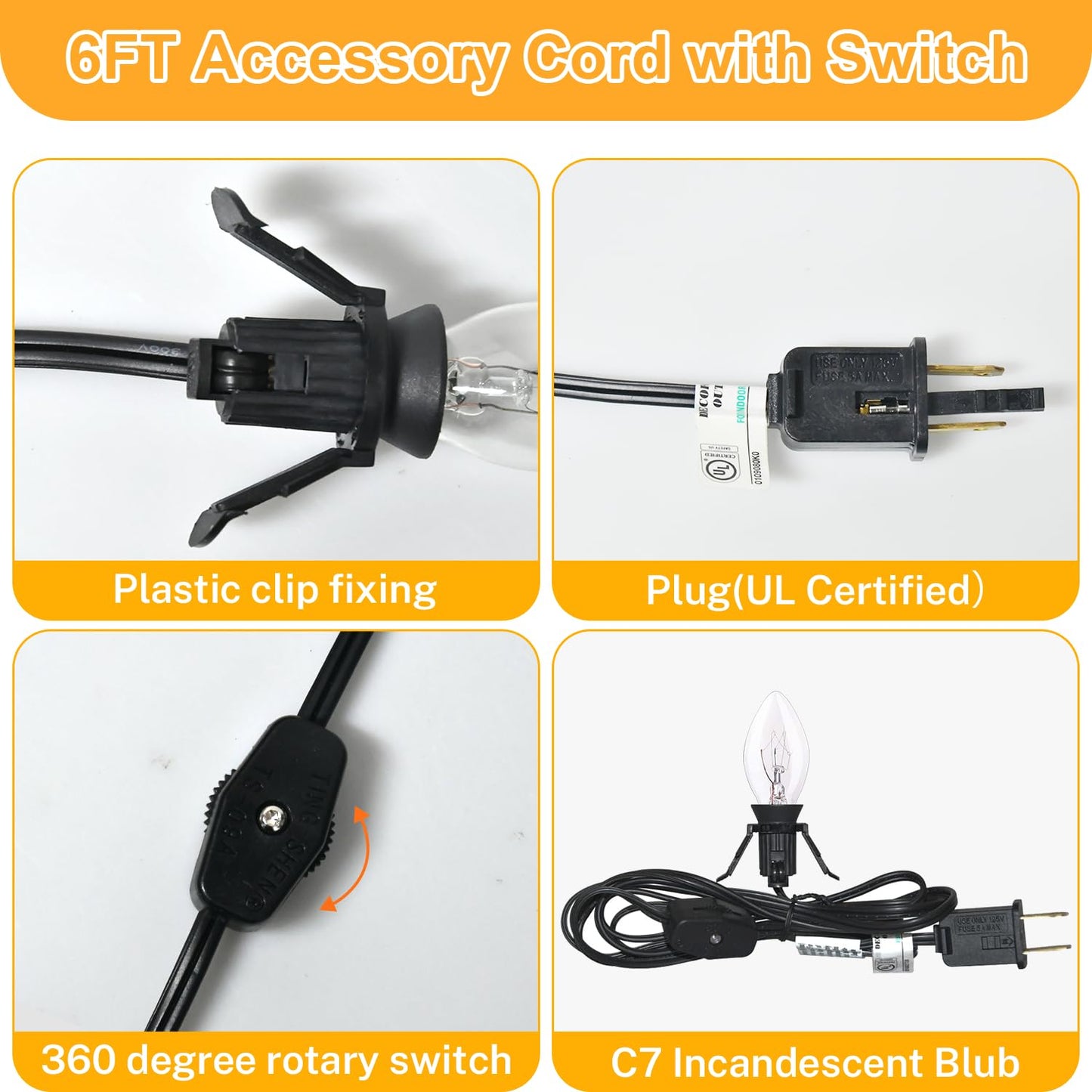 PASUTO 6FT Accessory Cord for Craft Lighting Halloween Pumpkin Christmas House Decorations, 4 Sets Candelabra-Base E12 Socket C7 Bulbs Clip Light with On/Off Switch Plugs (8 Bulbs, 4 Spare)