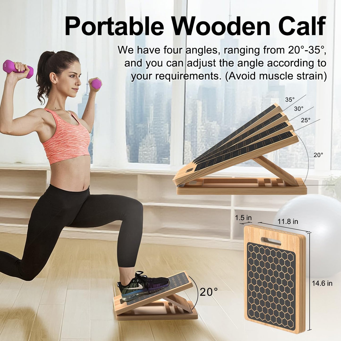 Wooden Slant Board for Calf Stretching, Adjustable Portable Wooden Incline Board with Training Guide, 300 lb. Load Capacity, Physical Therapy Equipment for Legs, Knees, Heels and Ankles