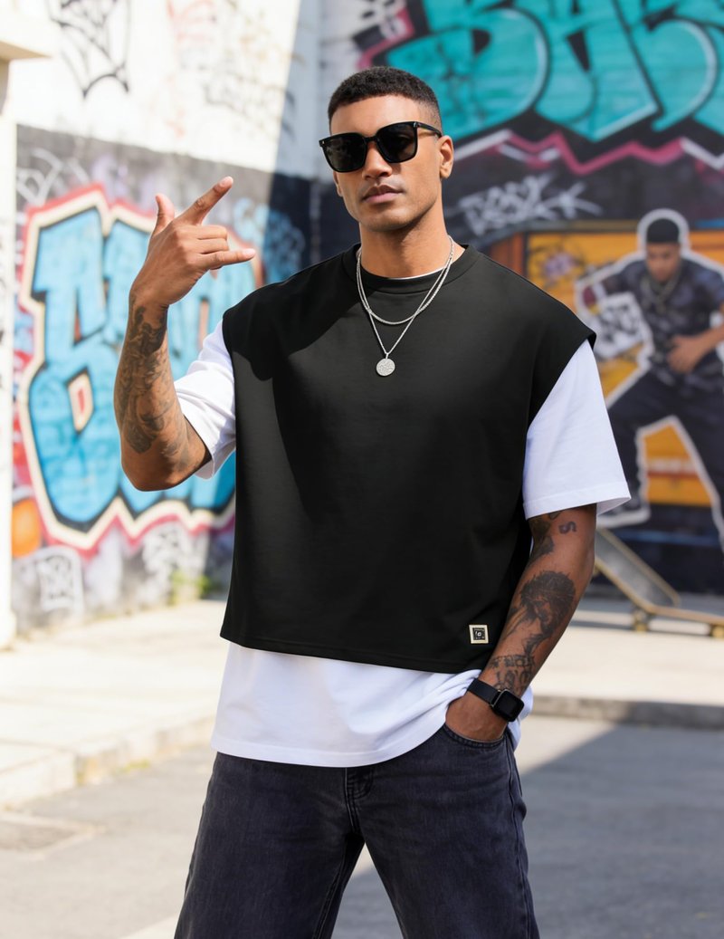 Vssjavun Mens Crop Top Cap Sleeve Oversized Shirt Gym Tank Tops Cropped T Shirts Crewneck Pullover Tee Black Medium