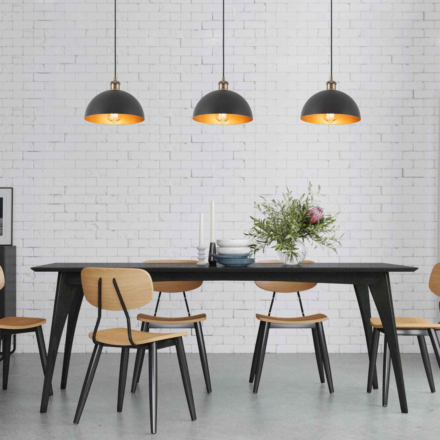 Imfurlayo Industrial Mini Black Pendant Lights 3-Pack Farmhouse 9.84" Black Gold Dome Pendant Lighting Fixture Retro Pendant Light for Kitchen Island, Dining Room, Bedroom, Hallway, Living Room