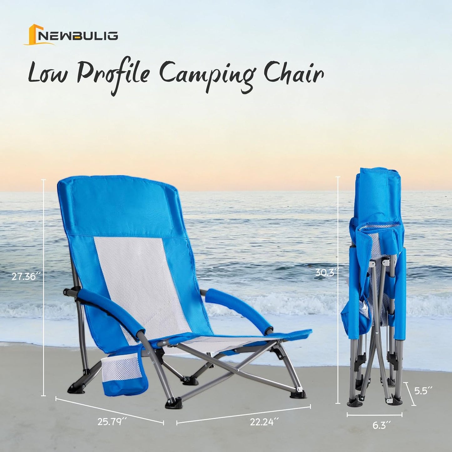 NEWBULIG Low Beach Chair - Portable Folding Camping Chair with Cup Holders & Carry Bag | Extra Wide Seat, High Back, Blue
