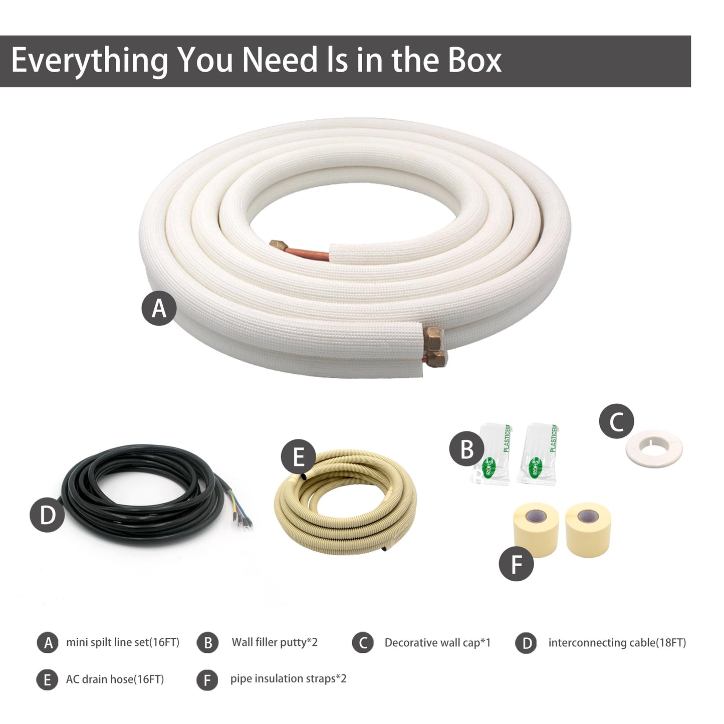 16FT Mini Split Line Set 1/4*3/8 OD HVAC Copper Tube Pipe Extension,3/8 Thickened PE Insulation Coil Air Conditioner Twin Copper Line Heating Equipment Hose with Flared Nuts (16FT (1/4+3/8) with wire)