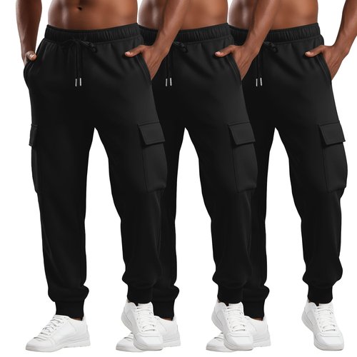 August Alley 3 Pack Men's Cargo Sweatpants Relaxed Fit Drawstring Elastic Waist Joggers Active Tapered Pants with Pockets(Black,Large)