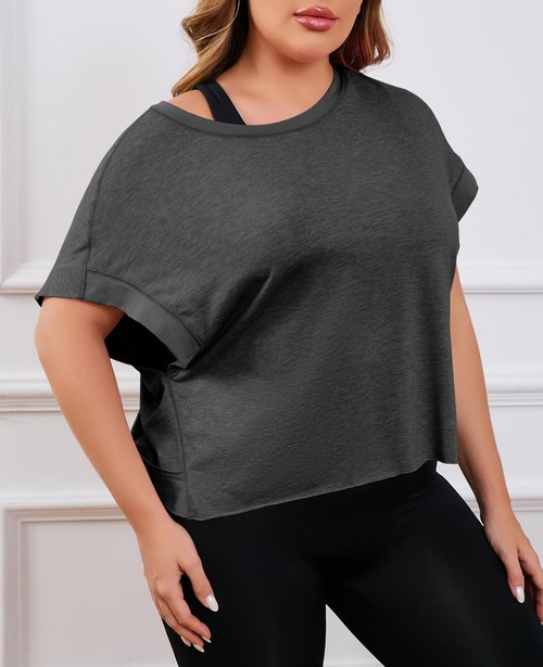 Fisoew Womens Plus Size Open Back Workout Tops Backless Short Sleeve Athletic Shirt Running Crop Top Gym Yoga T-Shirt Dark Grey