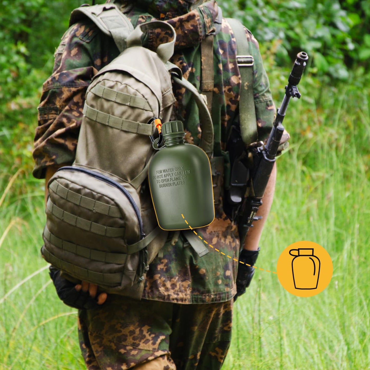 ZOOFOX Military Canteen, 1 Quart Portable Army Water Bottle with Aluminum Cup, Stainless Steel Spoon, Fork and Knife, Plastic Tactical Water Bottle for Military Hiking Camping Survival