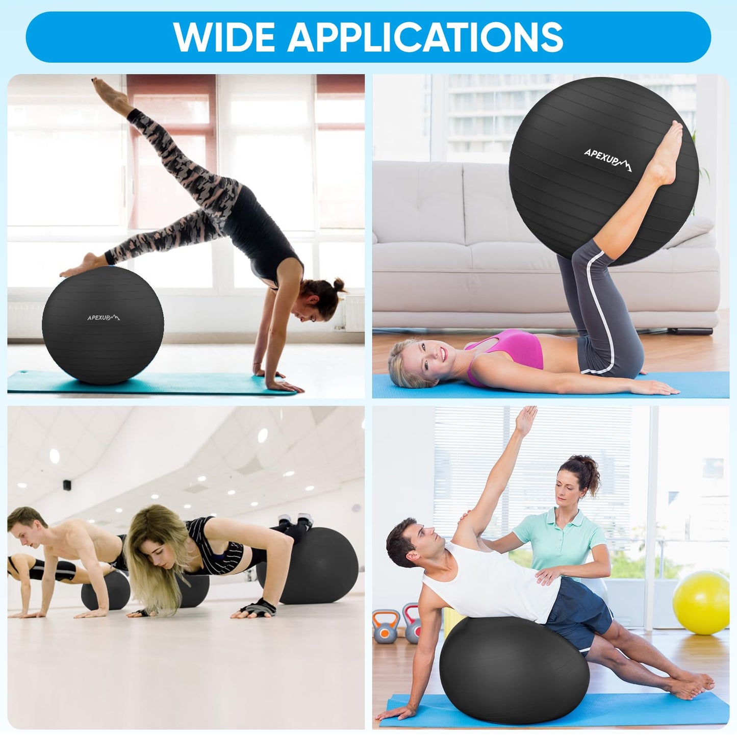 APEXUP Yoga Ball, 660 lbs Anti-Burst Exercise Ball with Pump, 5 Sizes (L (23"~26") 65cm, Black)