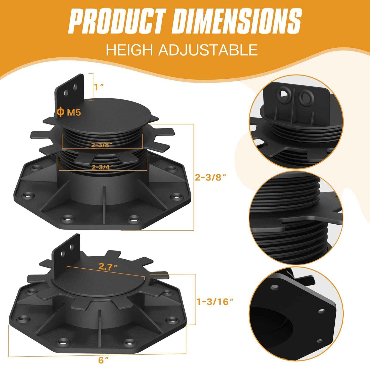 DECKIT 6 Pack Adjustable Deck Support Pedestal, High Load Deck Supports/Deck Blocks/Deck Support Blocks/Deck Footing for Floating Deck Platform & Floor Height Adjustment (1-3/16" to 2-3/8")
