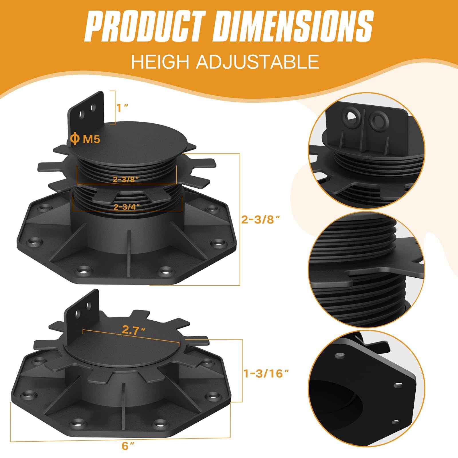 DECKIT 6 Pack Adjustable Deck Support Pedestal, High Load Deck Supports/Deck Blocks/Deck Support Blocks/Deck Footing for Floating Deck Platform & Floor Height Adjustment (1-3/16" to 2-3/8")