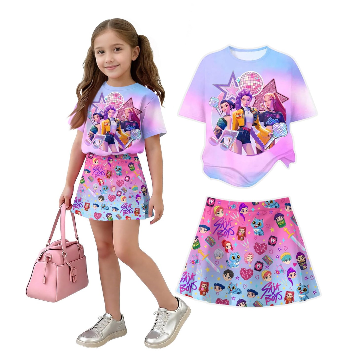 Kpop Dress for Girls 2-Piece Anime De-Mon Outfit Set, Short Sleeve Graphic T-Shirt and Hunters Printed Skirt