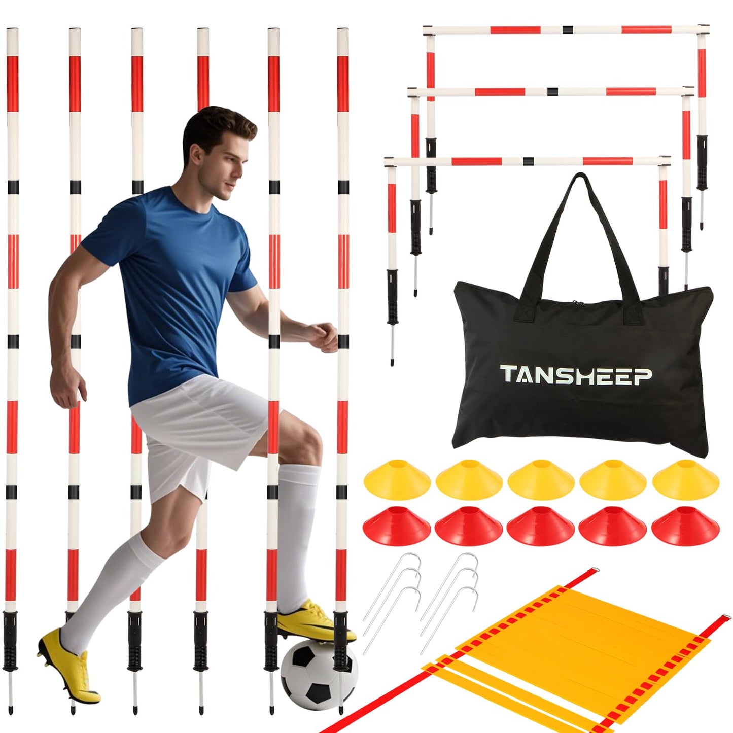 Soccer Agility Training Poles Equipment with Bag, 6 Agility Poles, 3 Horizontal Sticks,1 Agility Ladder with Bag, 10 Soccer Cones, Multifunctional Speed Training Equipment for Youth Adults
