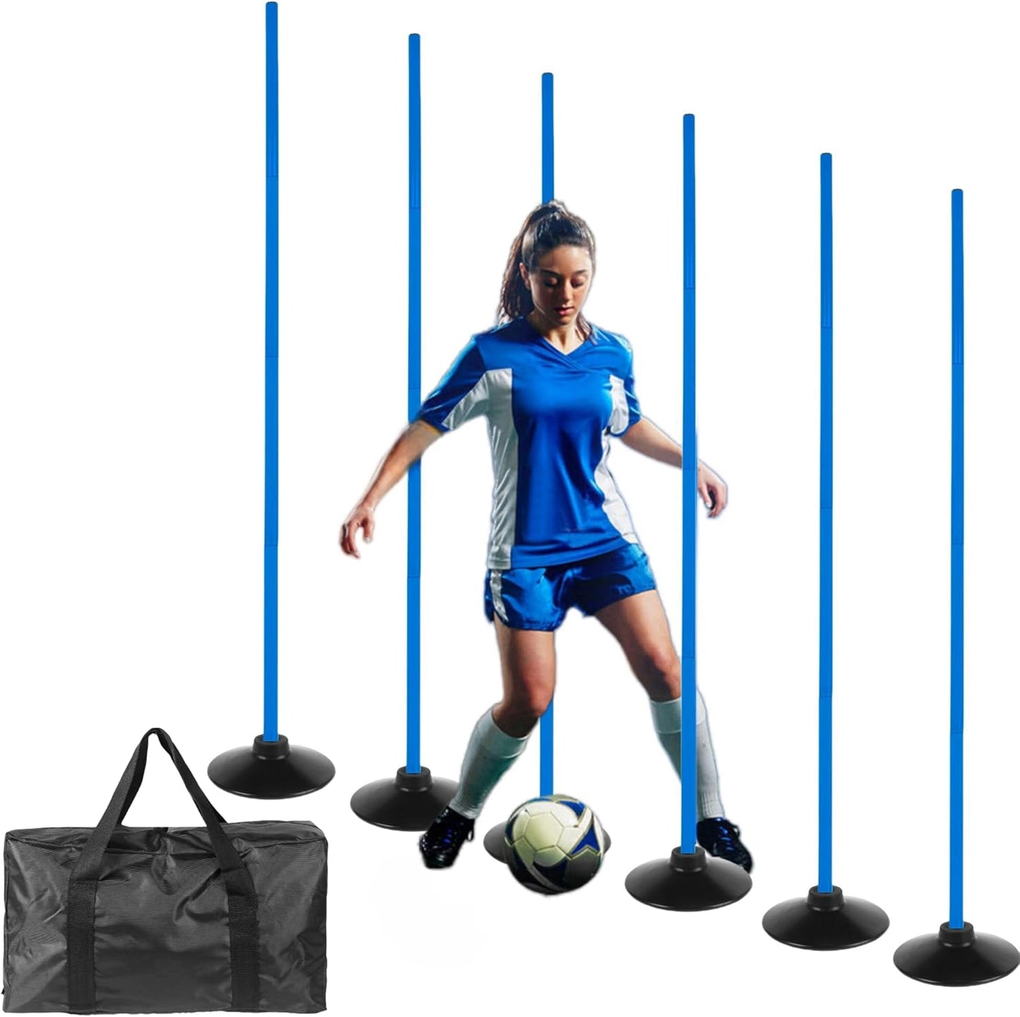 Skiennix 6 Pcs Adjustable Agility Training Poles - 5FT for Soccer, Basketball, Football, & Dog Training | Blue with Rubber Bases & Bag