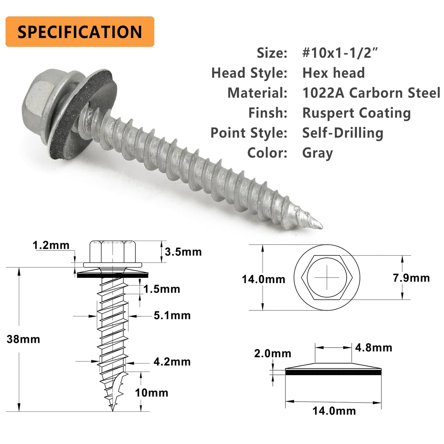 Allkeen #10 x 1-1/2" Hex Head Sheet Metal Roof Screws, Rustpert Coating Metal to Wood siding Screws, 60 Pieces