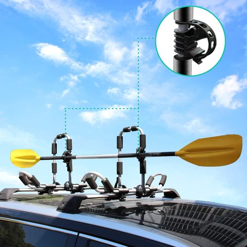 HUIMENG Kayak Roof Rack 4-in-1 Folding Adjustable Bilateral J-Shaped Roof Rack for Kayak/Surf/Ski Roof Carrier Rack with 4 PCS Tie Down Straps On Rooftop Mount on Car SUV Truck Crossbar