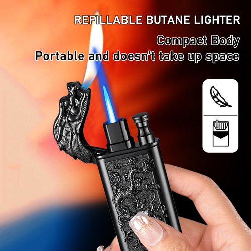 Torch Lighter, Relief Wolf Design Magic Dual Flame Lighter with Adjusting FlameTool, Cool Windproof Jet Lighters, Refillable Butane Lighters for Mens Outdoor Indoor(Without Butane)-Blue Crocodile
