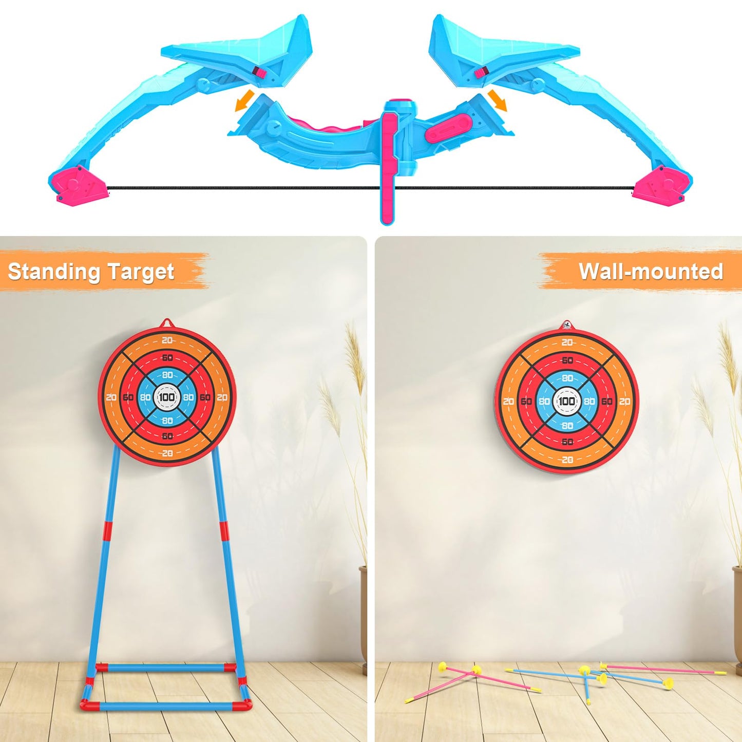 Polkoliye 2 Pack of Kids Bow & Arrow Set, Light Up Archery Toy Set with 14 Suction Cup Arrows Standing Target, Perfect Indoor Outdoor Toys Birthday Gifts Ideas for Boys Girls, Medium