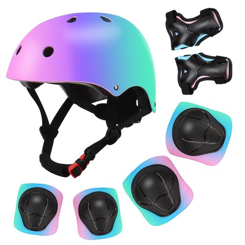 Color Gradient Adjustable Kids Bike Helmet with Knee & Elbow Pads Set | Multi-Sport Safety Gear for Boys & Girls Ages 5-14 | Skateboarding, Scooters, Roller & Inline Skating, Longboarding