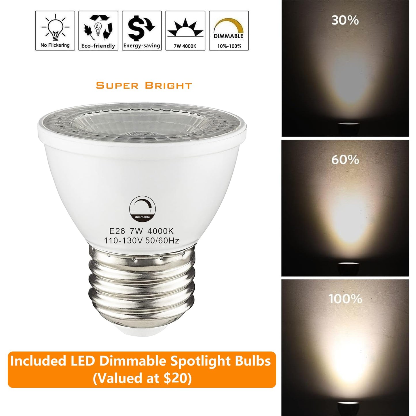 White Dimmable 6 Light Plug in Ceiling Light Fixture,Modern Plug in Track Lighting,16.4ft Cord with Dimming Switch,6 Way Ceiling Spot Lighting,Flexibly Rotatable Light Head，6*LED Spot Bulbs Included