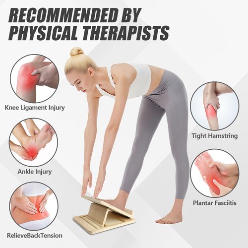 Adjustable Wooden Slant Board for Calf Stretching - 300lb Capacity Calf Stretcher with Resistance Band, Squat Wedge Incline Board for Knees & Ankle Physical Therapy, Plantar Fasciitis Relief