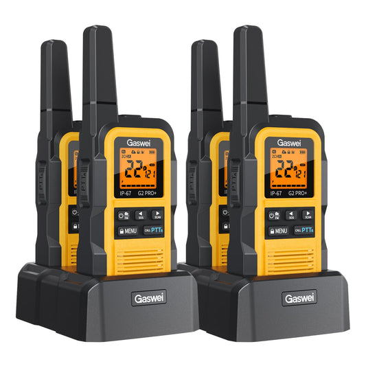 Gaswei G2Pro+ Heavy-Duty Walkie Talkies IP67 Waterproof Two-Way Radios with NOAA Weather Alert & Floating | 2-Watt Long Range for Job Sites, Hunting | Dual PTT, FM Radio, SOS, VOX（4pack）