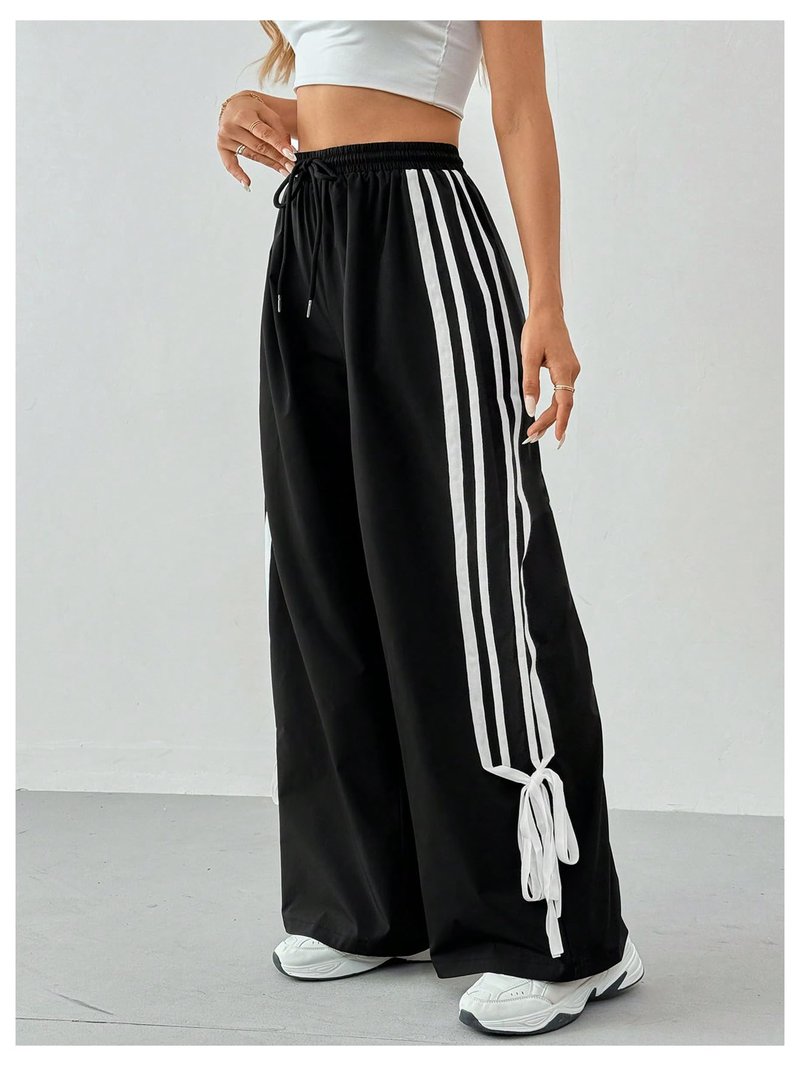 WDIRARA Girl's Side Striped Wide Leg Track Pants Bow Elastic High Waist Sweatpants Black Black 11 Years