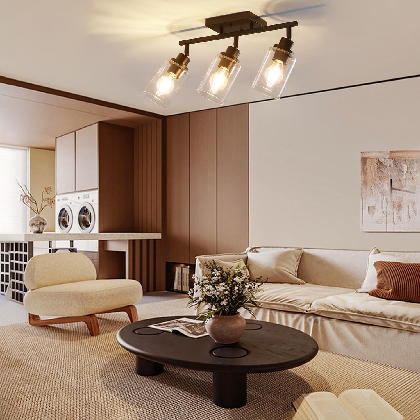 LOUSACE 3 Light Kitchen Track Light Fixtures Ceiling Vanity Lights Black, Bathroom Track Lighting Kit w/Rotatable Heads & Clear Glass Shade, Modern Wall Ceiling Tracking Light for Accent Shop Hallway