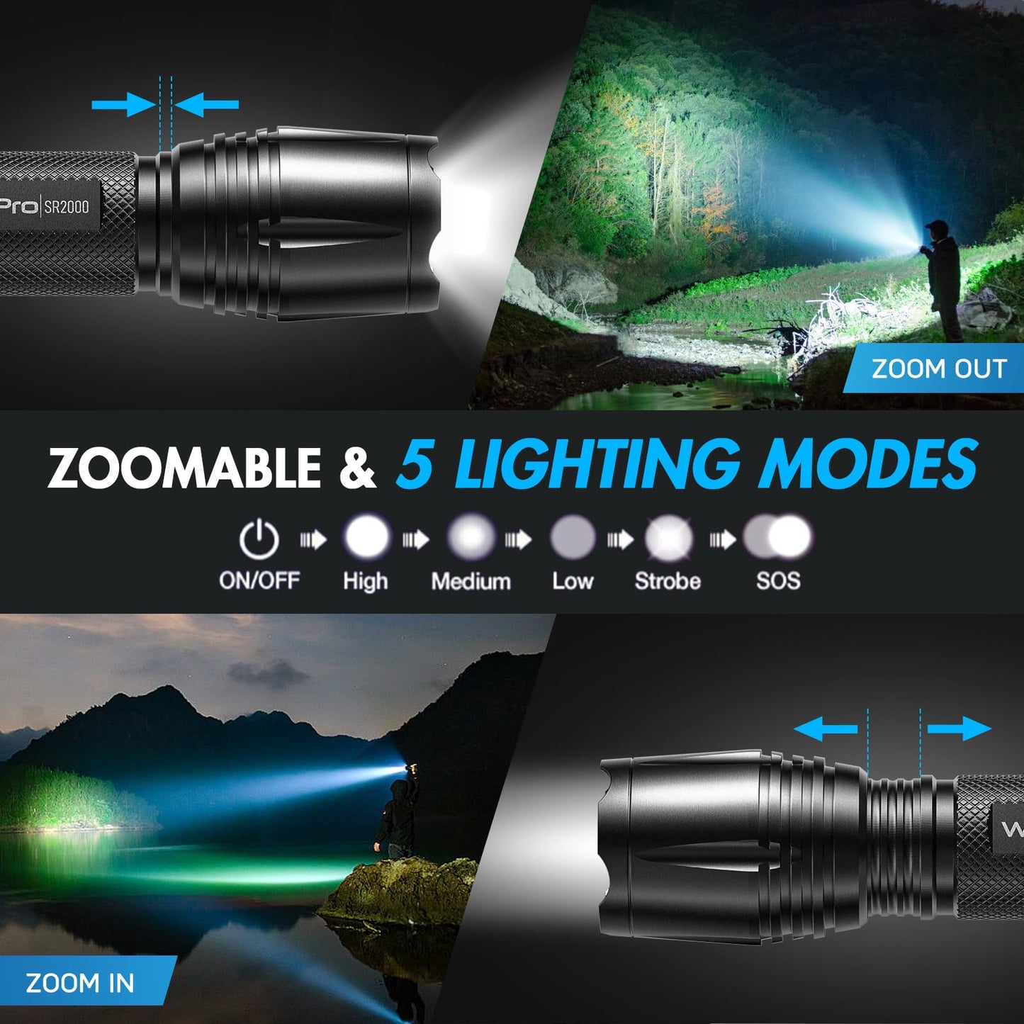 WdtPro LED Flashlight High Lumens SR2000 Pro, 4 Pack Brighter Tactical Flashlights with 5 Modes & Zoomable, Powerful Mini Flash Light for Emergency, Camping, Hiking (Black)