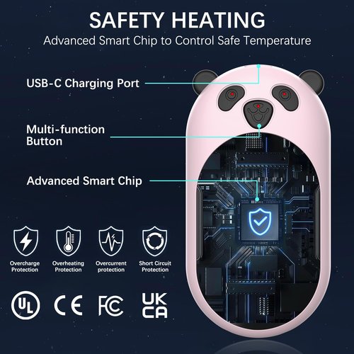 Hand Warmers Rechargeable 2 Pack, 3 Levels Heating 6000mAh Portable Electric Handwarmers, Cute Panda Pocket Heater Xmas Warm Gifts for Golf Hunting Hiking Camping Outdoor Activities - Rose Gold
