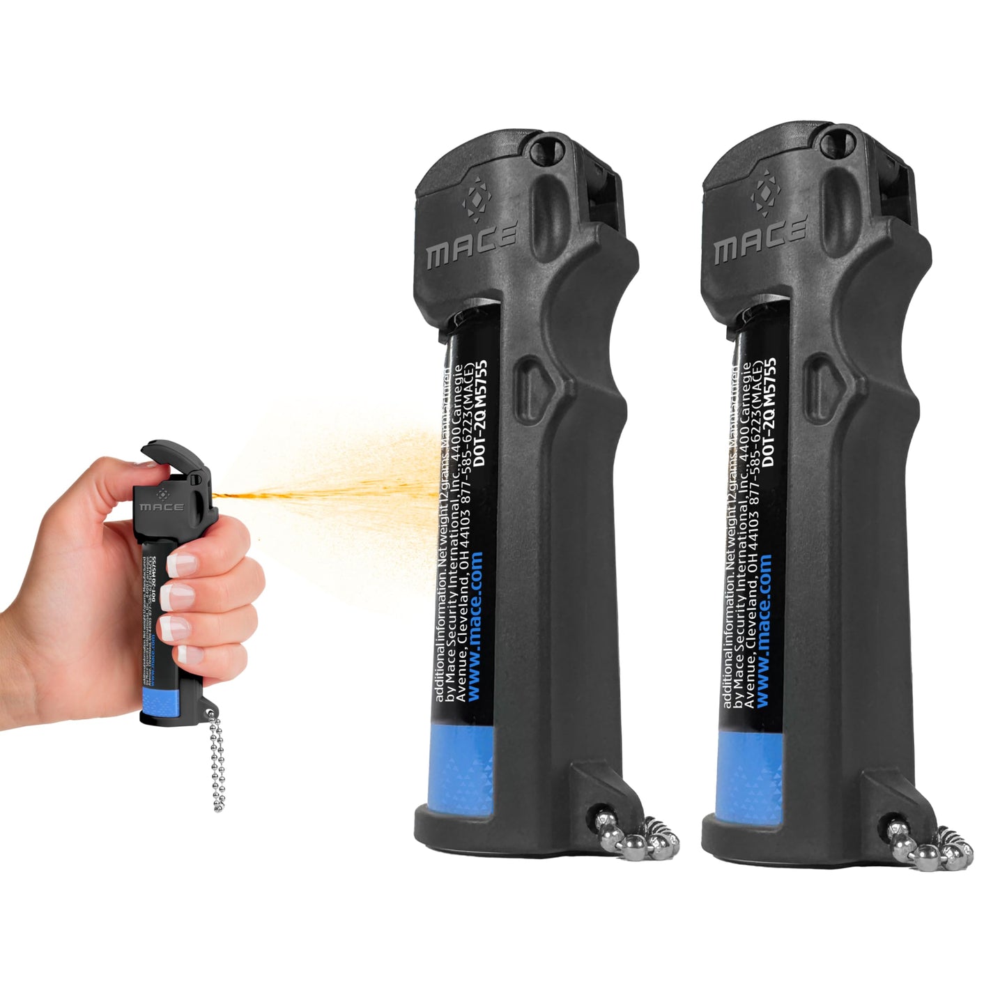 Mace Pepper Spray - 2-Pack Triple Action Personal, 3-in-1 (OC, Tear Gas, UV Dye), Max Police Strength, 0.63 oz, 12 Feet Range, Flip Top Safety Cap, Self Defense Pepper Spray for Women & Men - Black