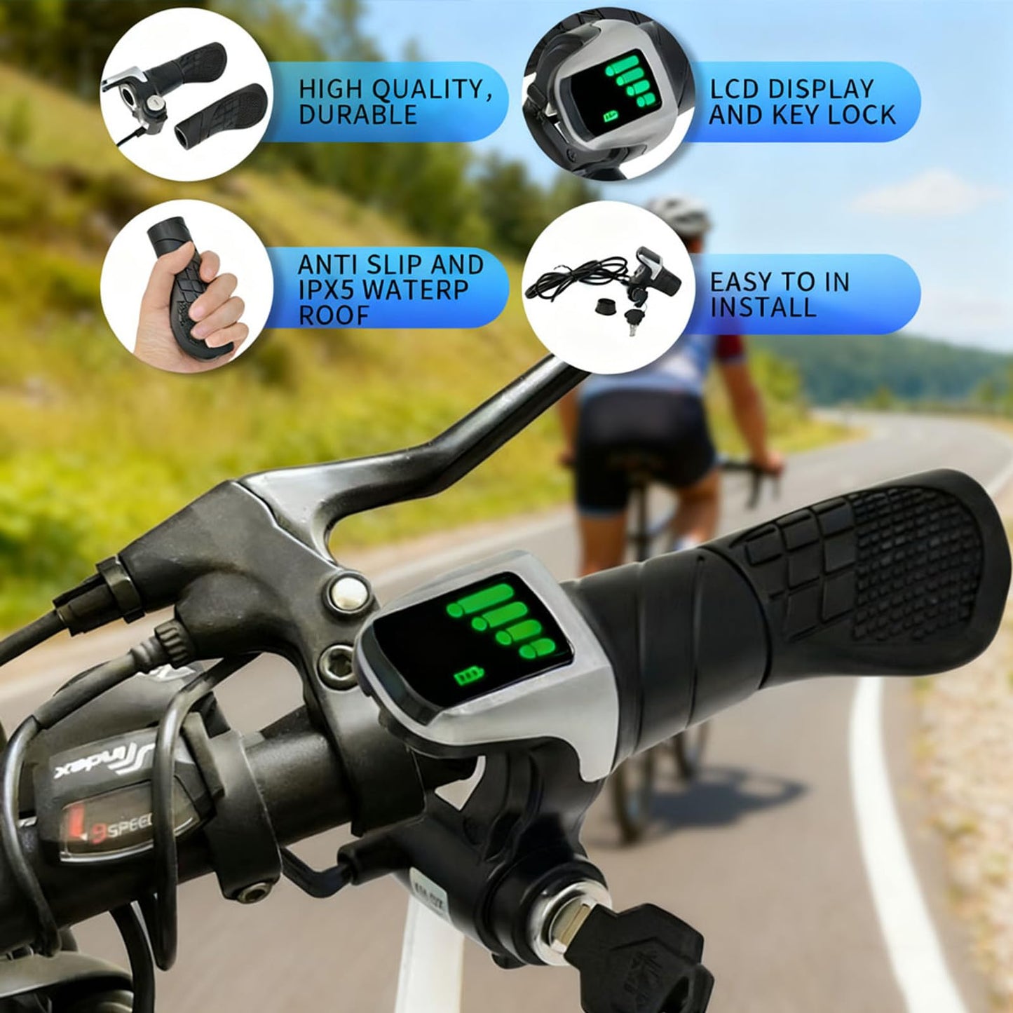 TMYSOOR 36V Universal Twist Grip Throttle with LCD Power Indicator & Key Lock - Easy Installation for E-Bikes, Electric Scooters & Motorcycles