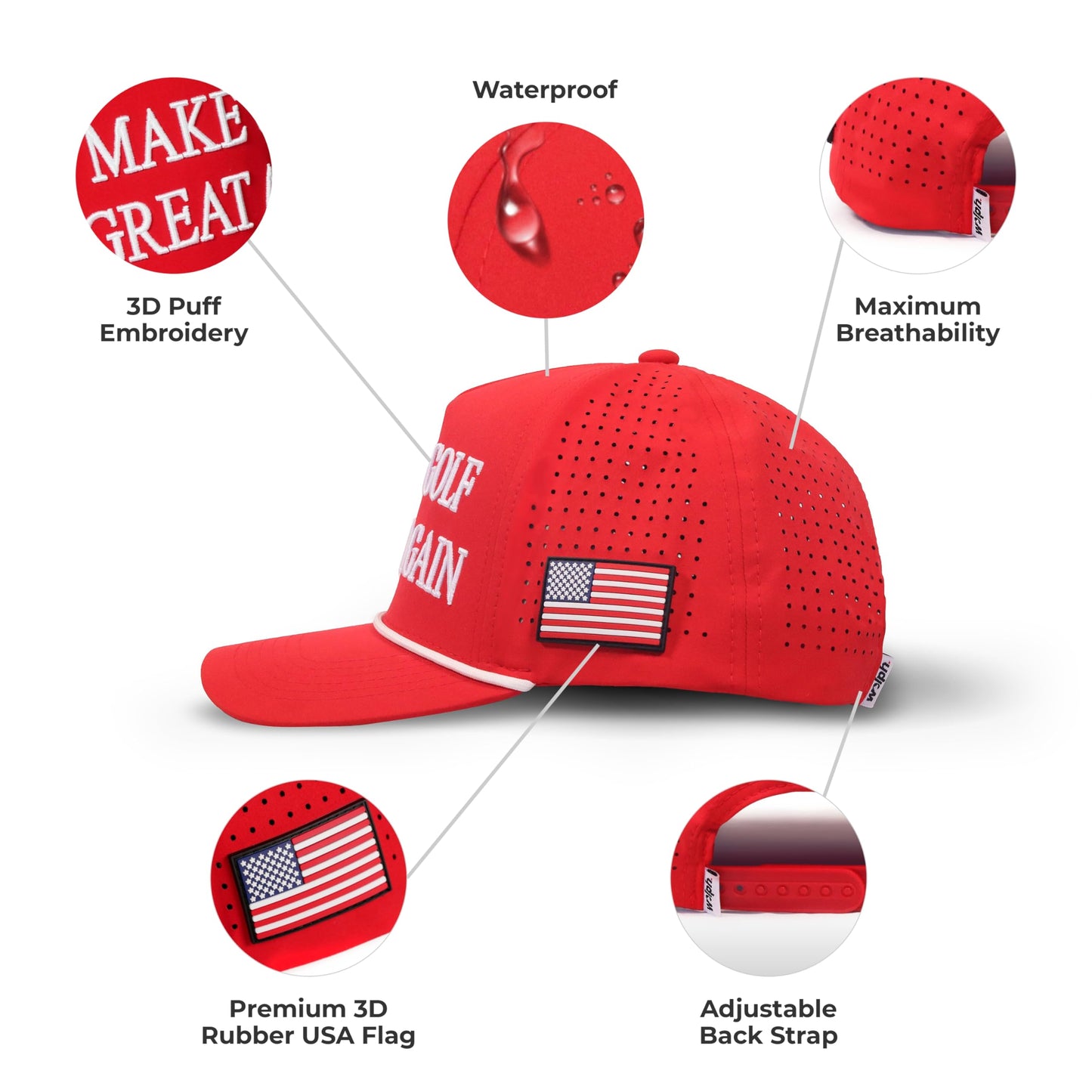 wolph American Golf Hat – Funny Golf Snapback Cap – Rope Golf Hat – Adjustable & Breathable – Funny Golf Gift for Men and Women. Red