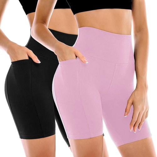 Leafigure Women's Biker Shorts - High Waisted Yoga Shorts with Pockets for Running & Gym | 2 Pack