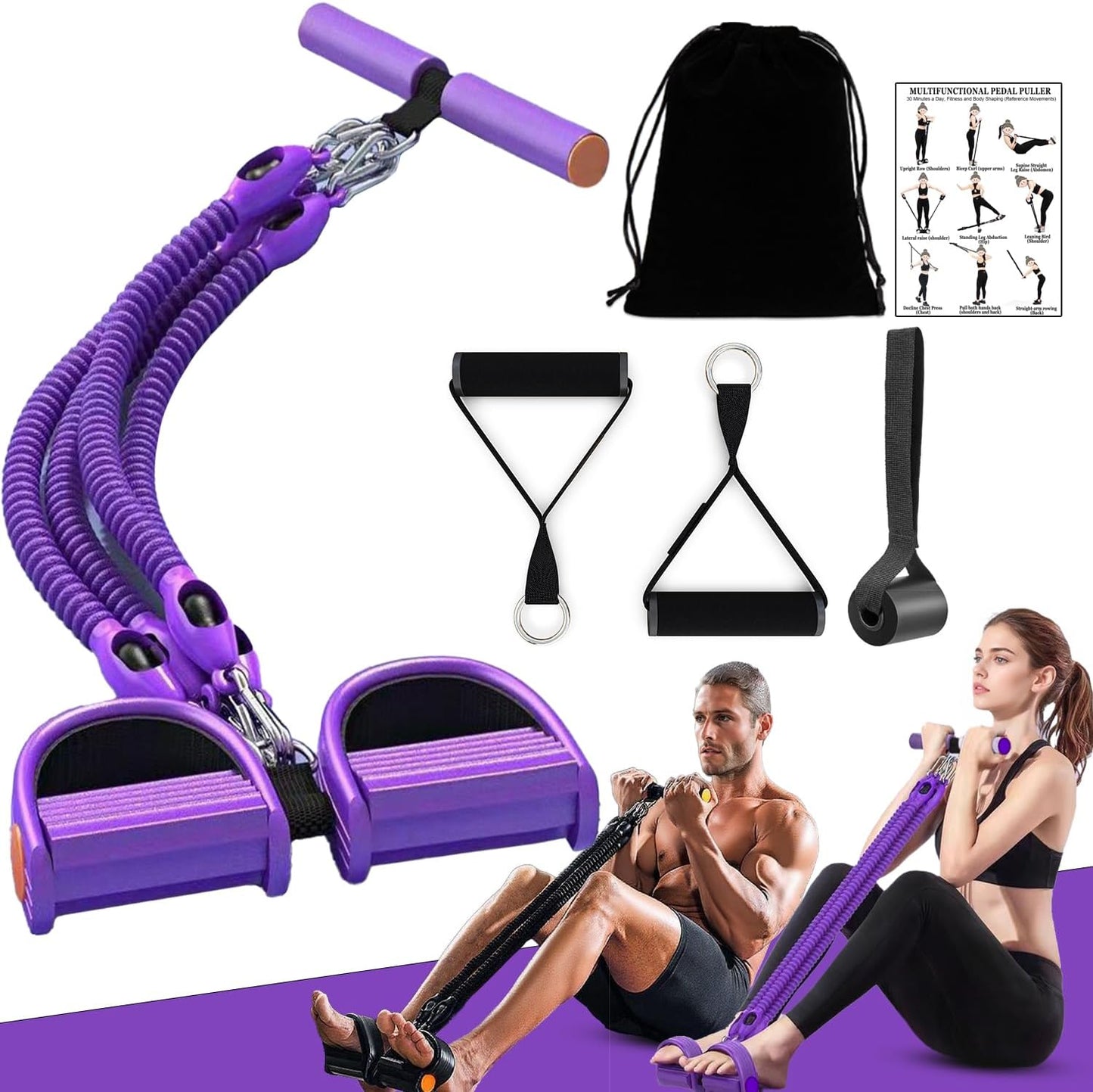 Skiennix Adjustable Foot Pedal Resistance Band - 4-Tube Ankle Puller for Full Body Workouts | Purple